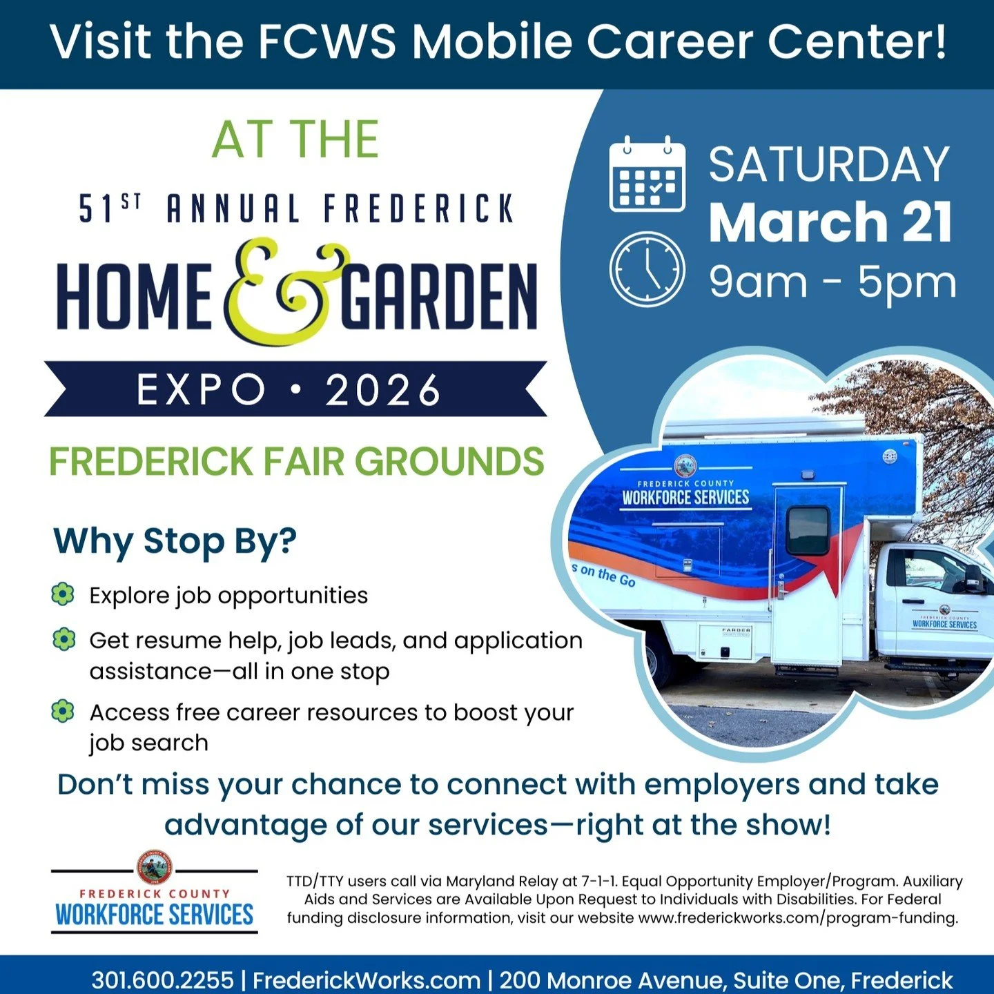 The Frederick County Workforce Services (FCWS) Mobile Career Center is hitting the road! 🚐

We&rsquo;re bringing career services directly to the community at the 51st Annual Frederick Home &amp; Garden Expo, presented by @thefcbia don&rsquo;t want t
