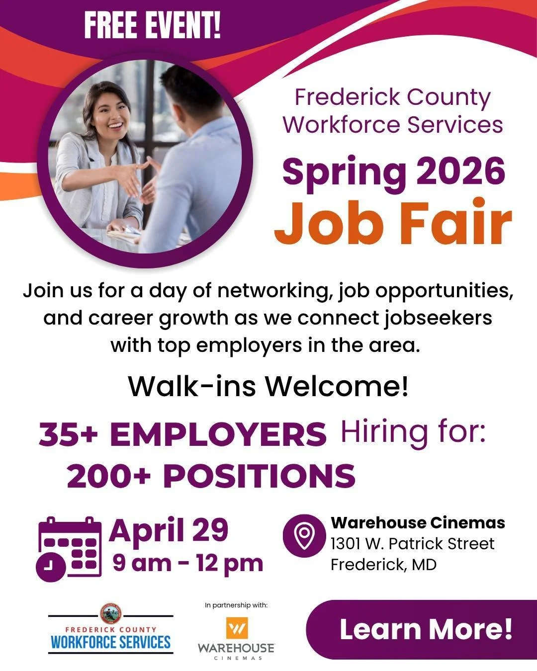 Are You Ready for the Spring Job Fair? It&rsquo;s This Wednesday! 💼

Don&rsquo;t Miss This Opportunity to Connect with Local Businesses

Join Frederick County Workforce Services for the Spring Job Fair at Warehouse Cinemas&mdash;where local employer