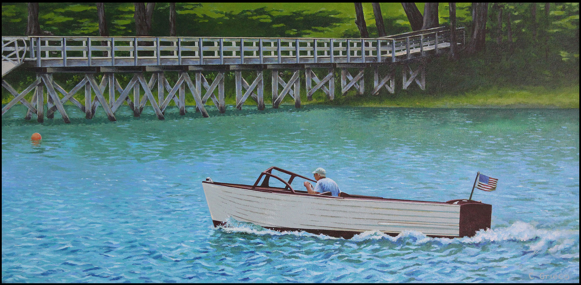 Man Cruising in Woody Boat on the Water