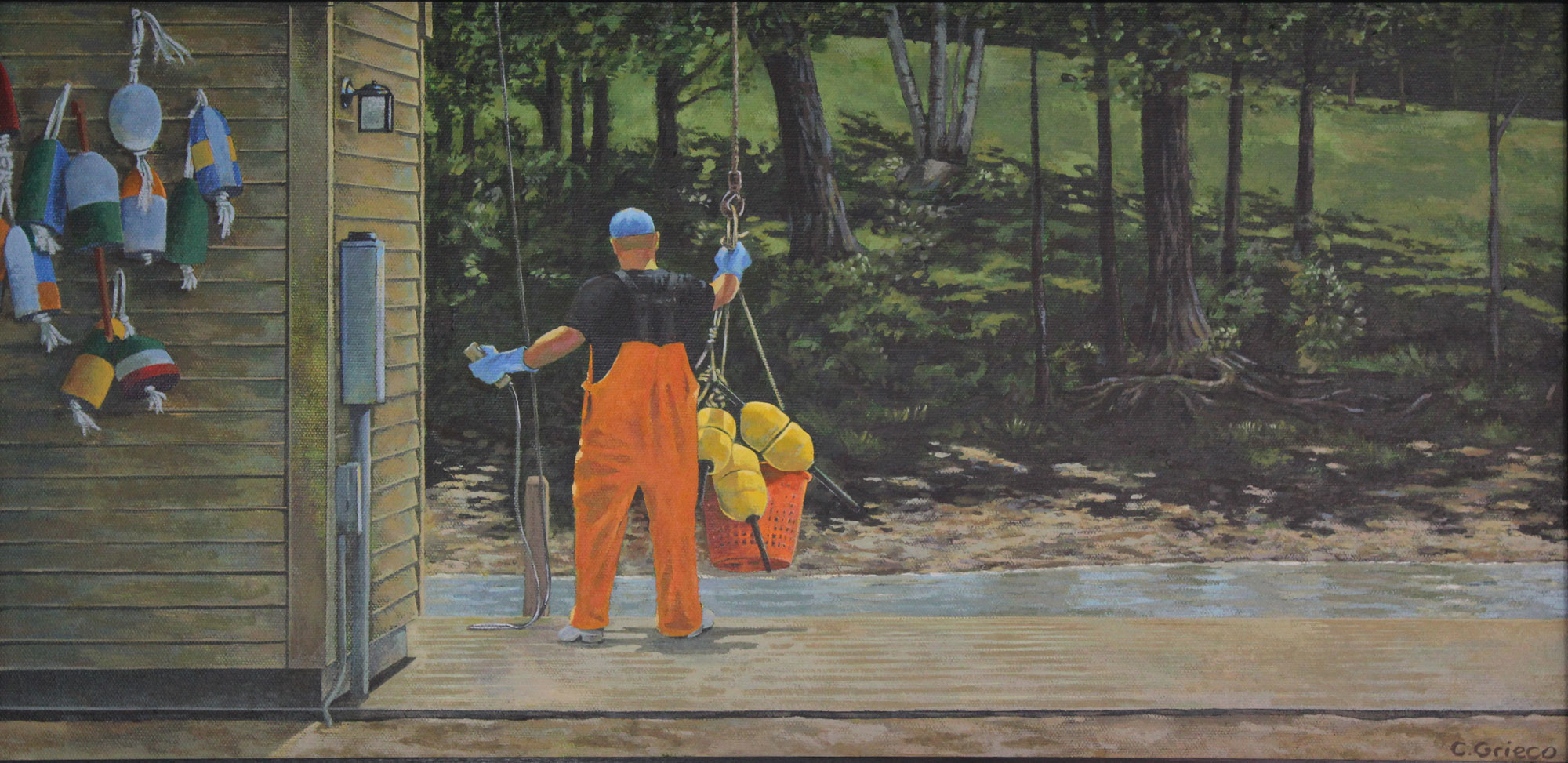 Lobsterman Working in Orange Waders