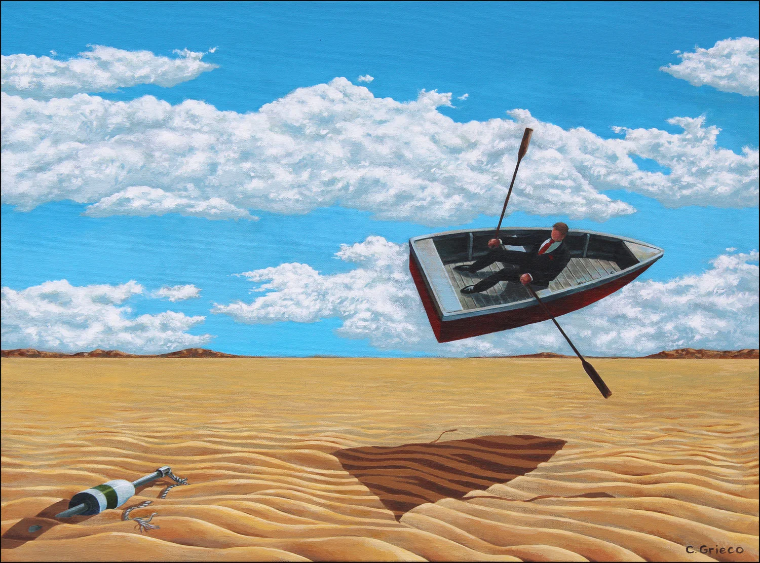 Surrealistic Painting - Oars Clouds Boat Desert