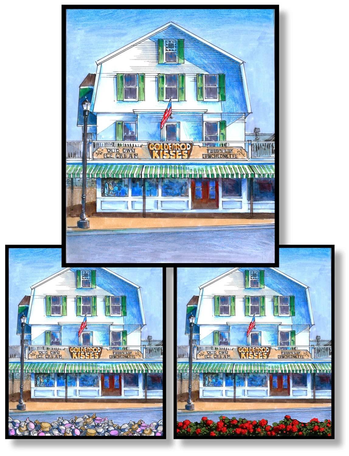 Three ideas were developed from conversations with the client. The 1st is a traditional rendering, 2nd had taffy pieces as a graphic element and the 3rd with red flowers as a design element that are on the sides of the building.