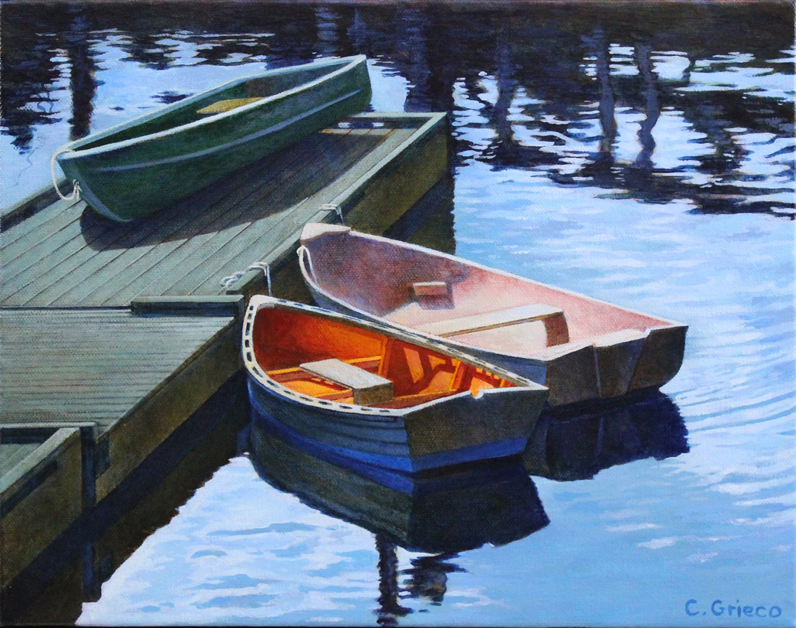 Painting of Orange Boat Sunny Day Boothbay Harbor
