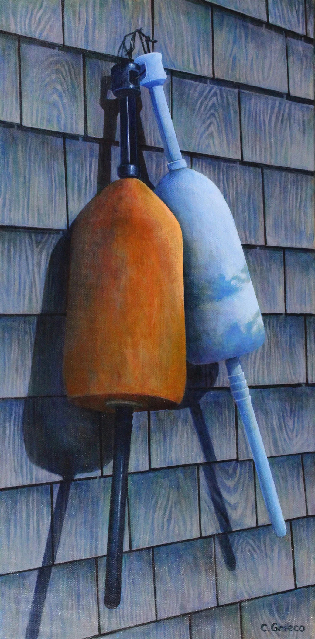 Painting of 2 Buoys on Shingles Orange, Blue Buoys