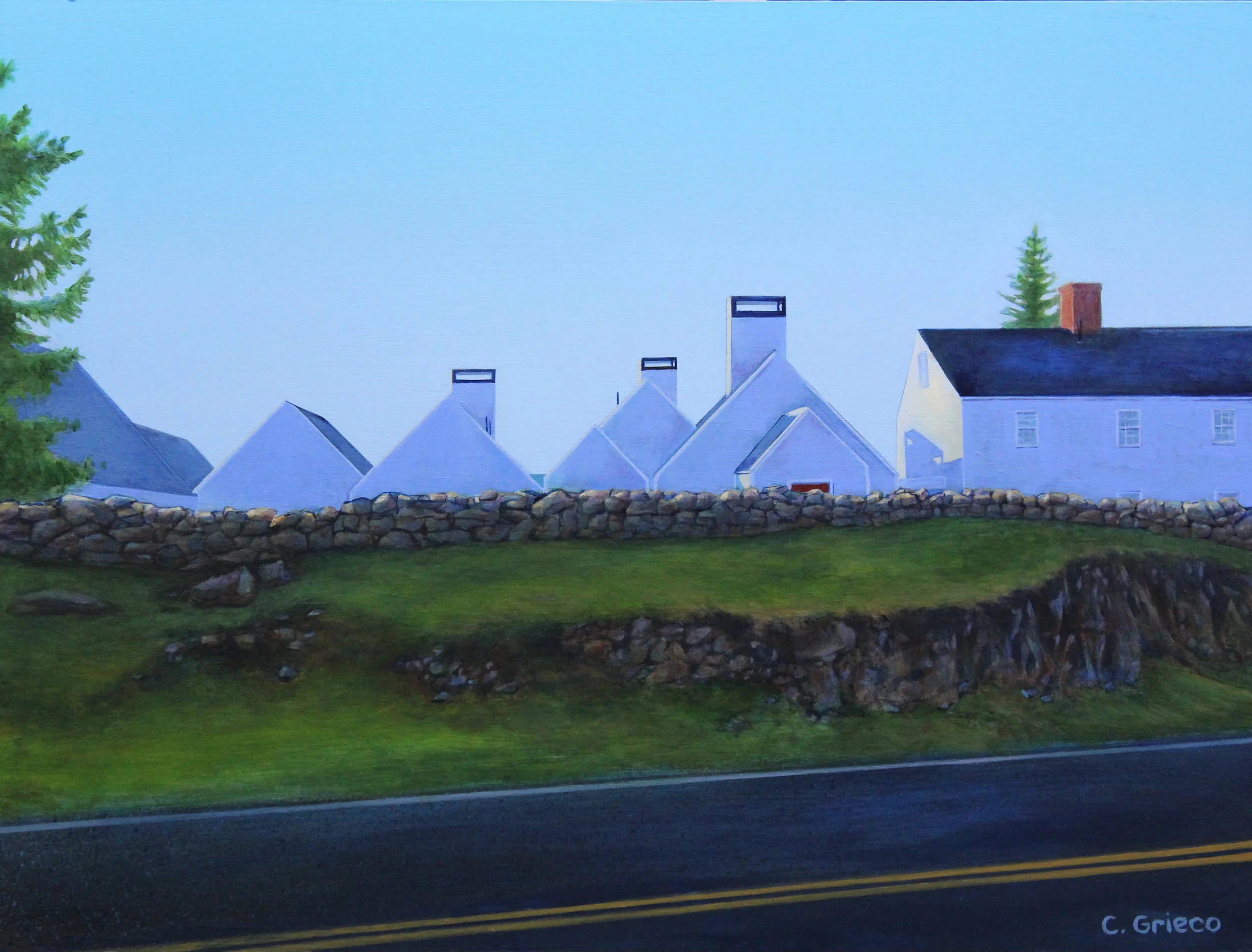 Stone Wall and Buildings in Shadow, Kittery Point Maine 12”x16” - Exhibiting at the Art Guild of the Kennebunks - Community House, 2 North St. Kennebunkport Maine - 8/30/19 to 9/1/19