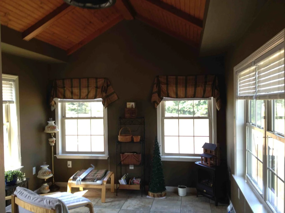 Cozy All Season Room with Stained Pine Ceiling and Ceramic Tile Floor