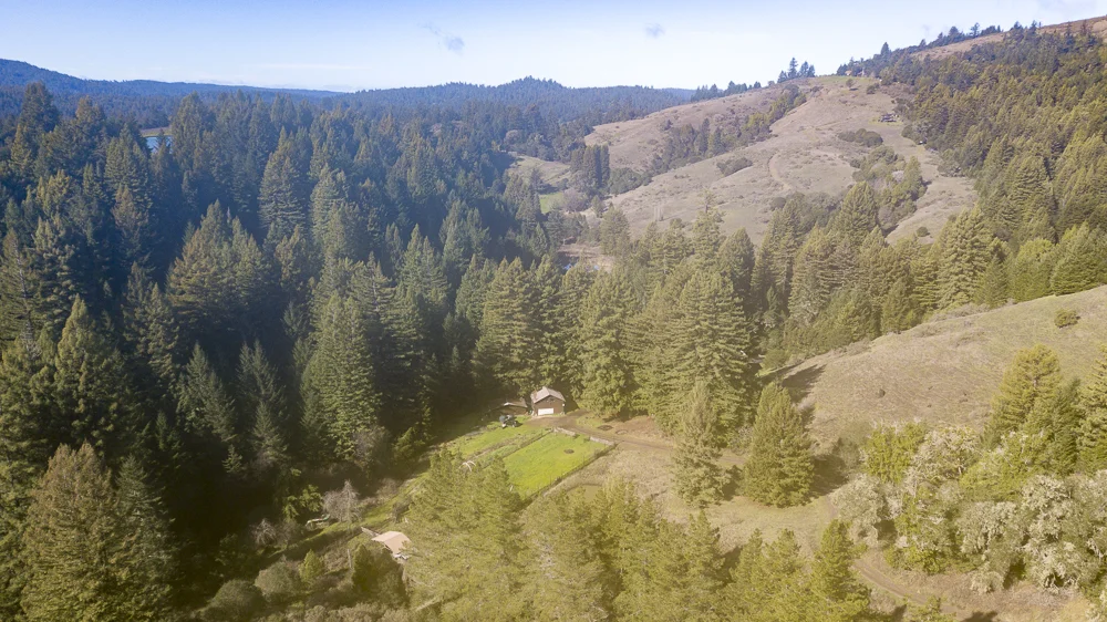 A long overhead view of green hills and vineyard and home.