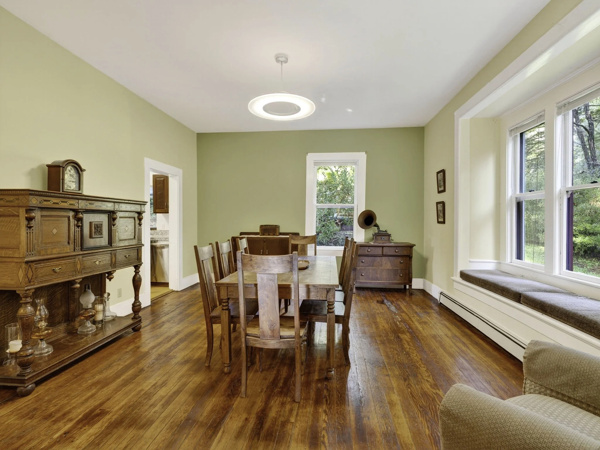 Large dining room with garden views
