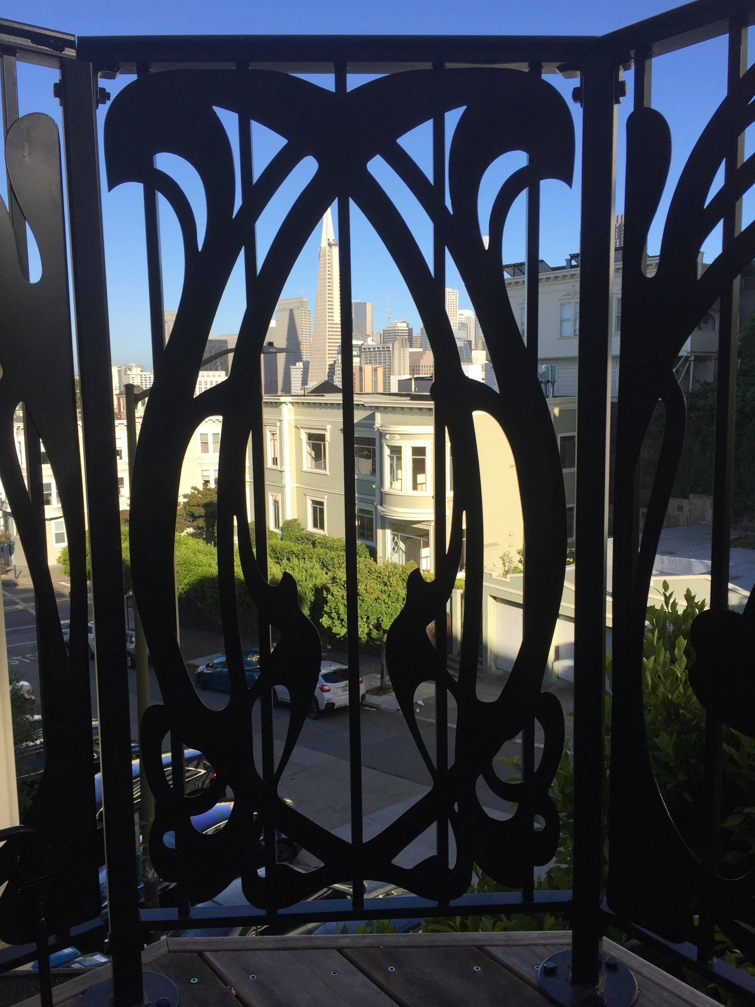 Art Nouveau Deck Railing A collaboration between our client and one of his favorite artists, these railings add style and safety to this San Francisco roof deck. The CNC-cut filigree was inspired by La Victrola, one of the client’s favorite art installations.