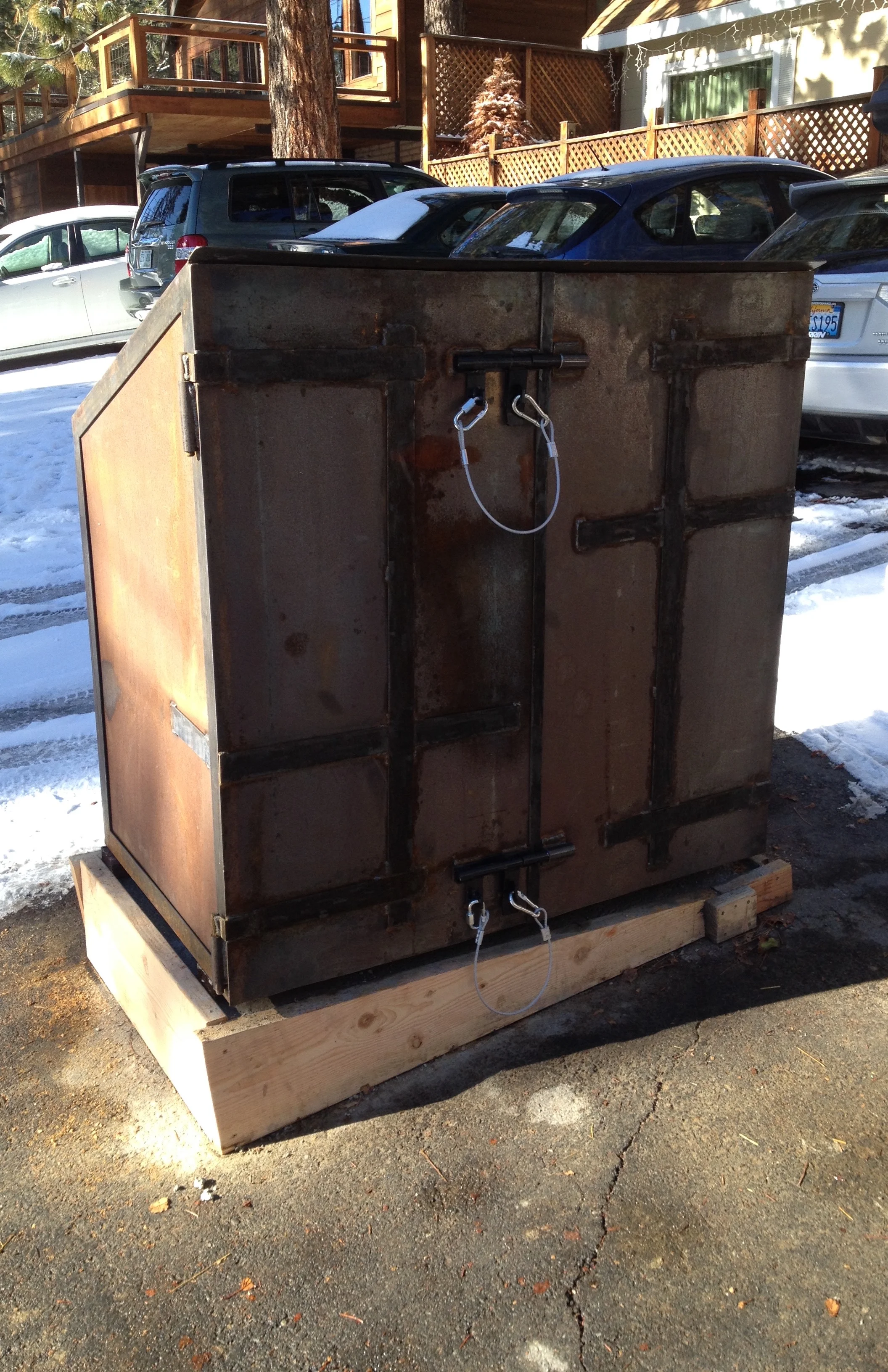 Tahoe Bear-Proof Refuse Locker This bear-proof storage locker helps a client in the Lake Tahoe area whose home was repeatedly burglarized by bears looking for food! It keeps those prying claws away from the trash cans while concealing them in style.