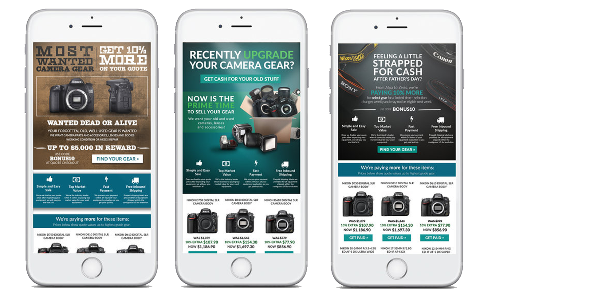 KEH Camera Sell Your Gear campaign designs shown on mobile devices