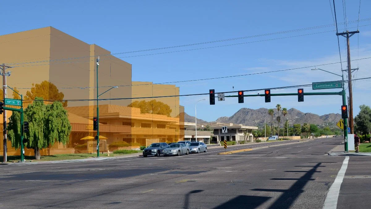 Traveling north on 44th Street at Camelback Road, the proposed office building blots out the skyline; it's right up near the sidewalk--a big, straight wall with a mere 20' setback.
