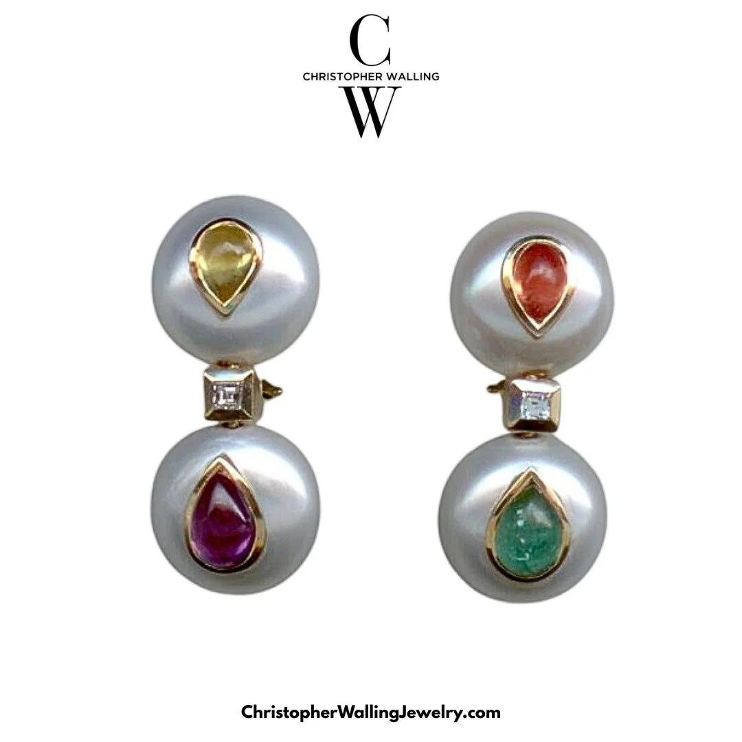 The Mughals inlaid precious stones in Rock Crystal and in Jade...I like to inlay them in Pearls! 3 Sapphires ( @ 9 cts.) and 1 Emerald make these Chinese Freshwater Pearl and Diamond (0.25 cts.) Earrings Happy and Youthful !! Visit them at my Nantuck