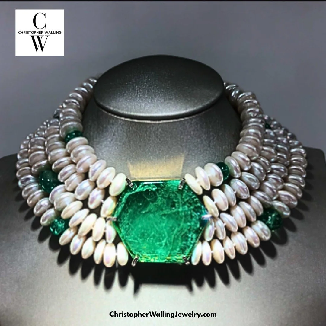 A 103.95 ct. Emerald &ldquo;slice&rdquo; centers this Stately but Sexy Collar which also includes Emerald Beads &amp; Diamonds❗️ I bought it in Jaipur‼️ And my instincts told me it had been cut as the cover of a Maharajah&rsquo;s pocket watch - thoug