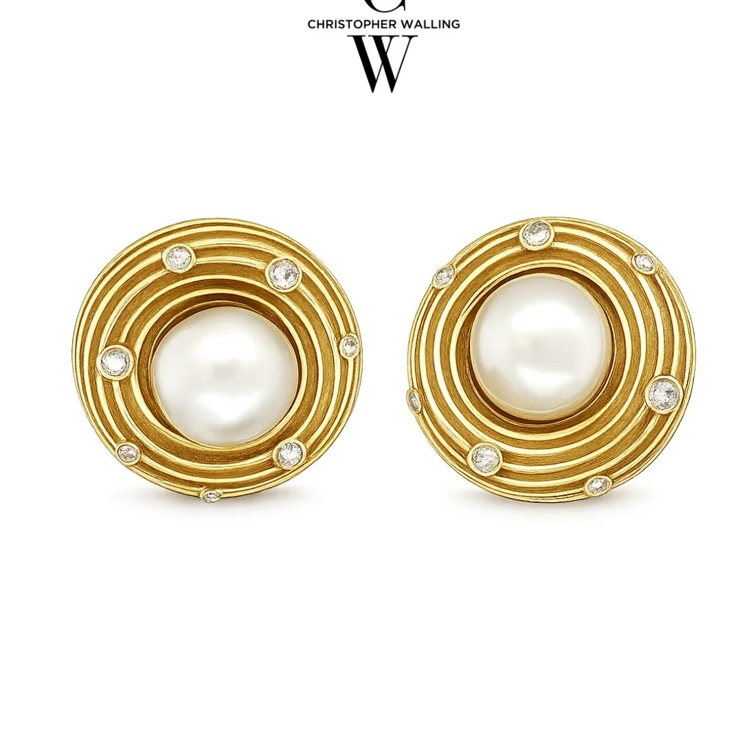 Slightly Baroque South Sea Pearls center my Signature ridged 18K Yellow gold earrings - with a scattering of diamonds!

Beyond classic - with a "twist" and a very good post-Mother's Day present as well!

Awaiting you at Park Avenue between 