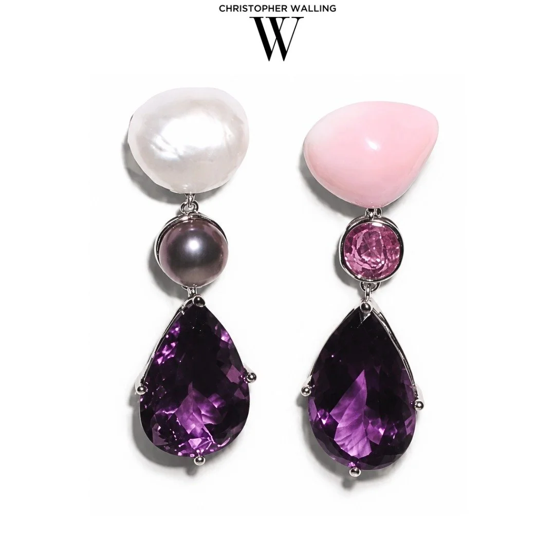 "Long ago and far away, I dreamed a dream..." One of my very first multiple-gem-dangle earrings...featuring a South Sea Pearl, a rare Mississippi River Valley pink freshwater pearl, as well as a rare Pink Conch Pearl! Well, PEARLS ARE June'
