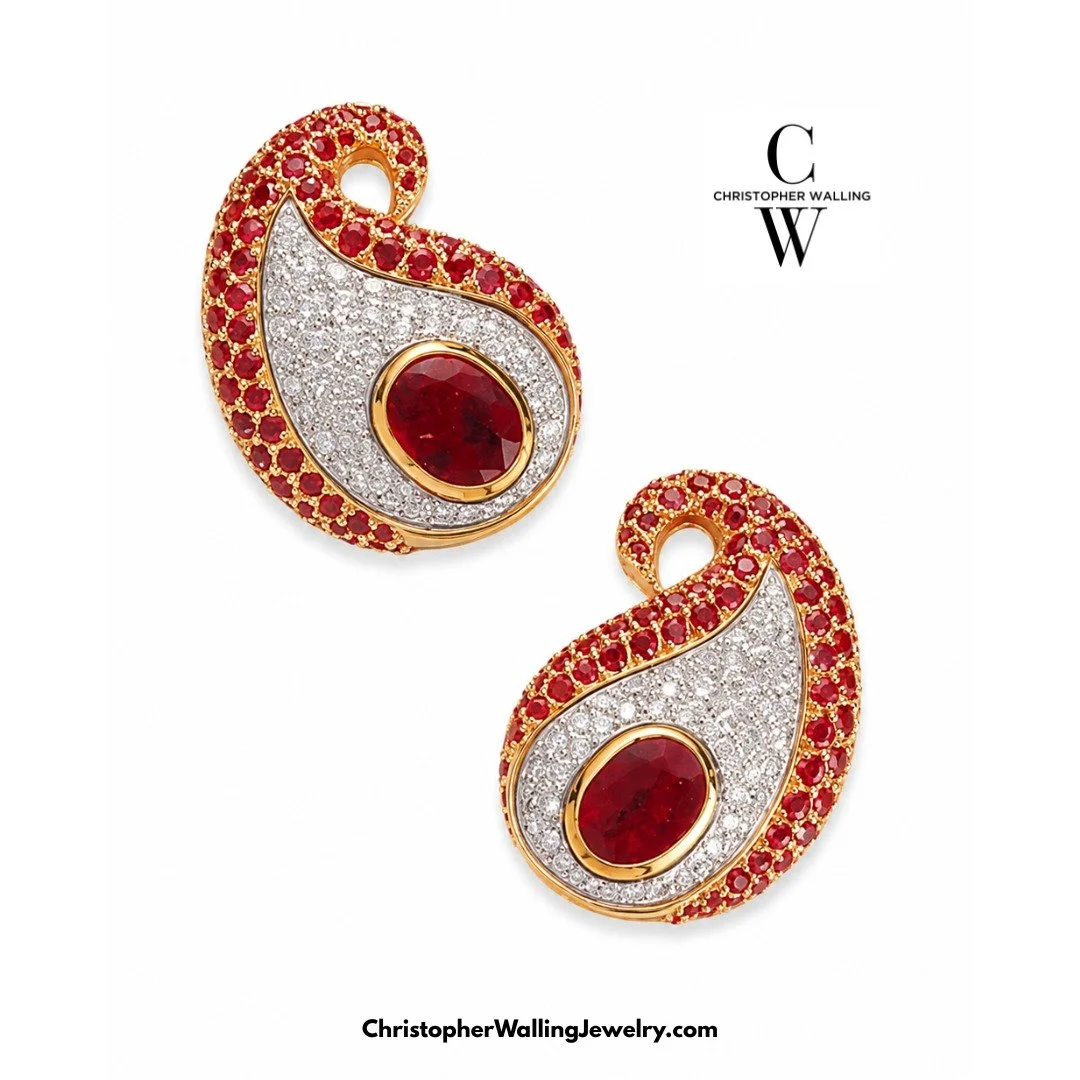 Here I am keeping up my fascination with the ancient, India &ldquo;Booteh&rdquo; shape - known in the West as &ldquo;Paisley,&rdquo; and honoring with July&rsquo;s Birthstone: a pair of beautiful Rubies❗️And Pink Sapphires❗️ And Diamonds❗️Added to wh