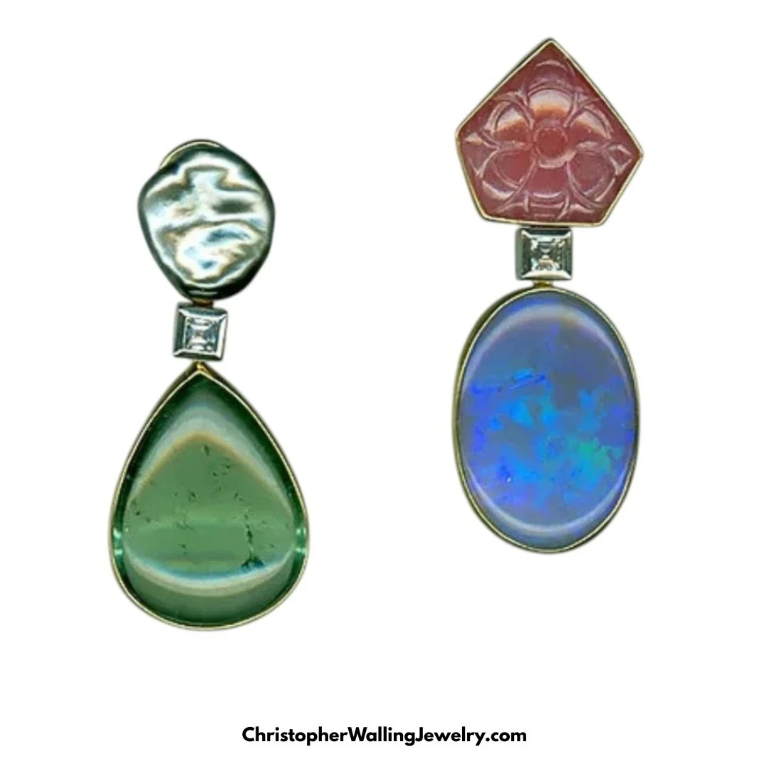 As Opal and Tourmaline are BOTH October Birthstones, why not wear earrings which feature both? Lightening Ridge Opal (The Best, 28.96 ct), Pink Sapphire (23 ct), Keshi Pearl (3.2 grams), and Green Tourmaline 58.96 ct). Do you think ears and their ear