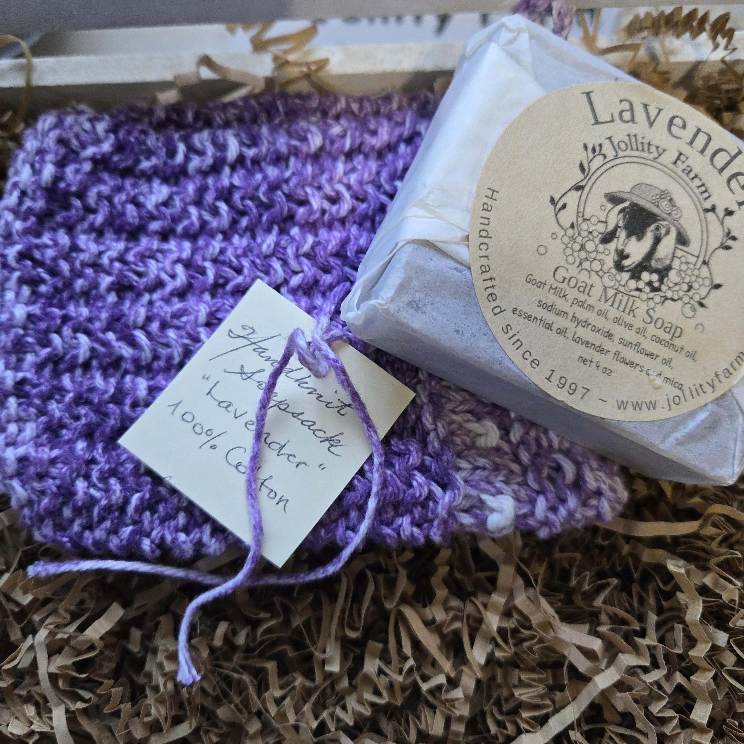 Lavander soap and hand knit cotton soap sack.jpg