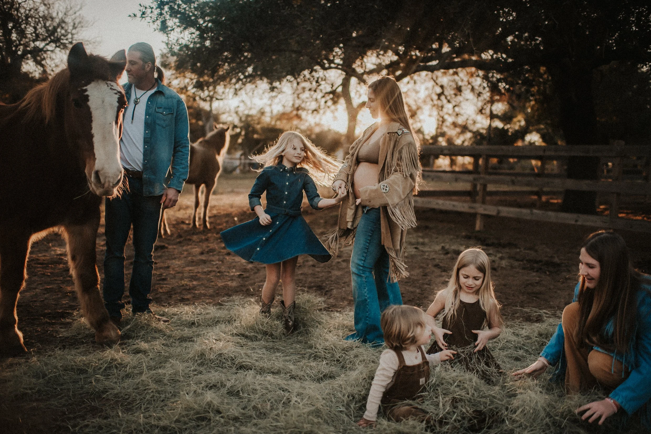 Cinematic sun drenched homestead maternity/family session