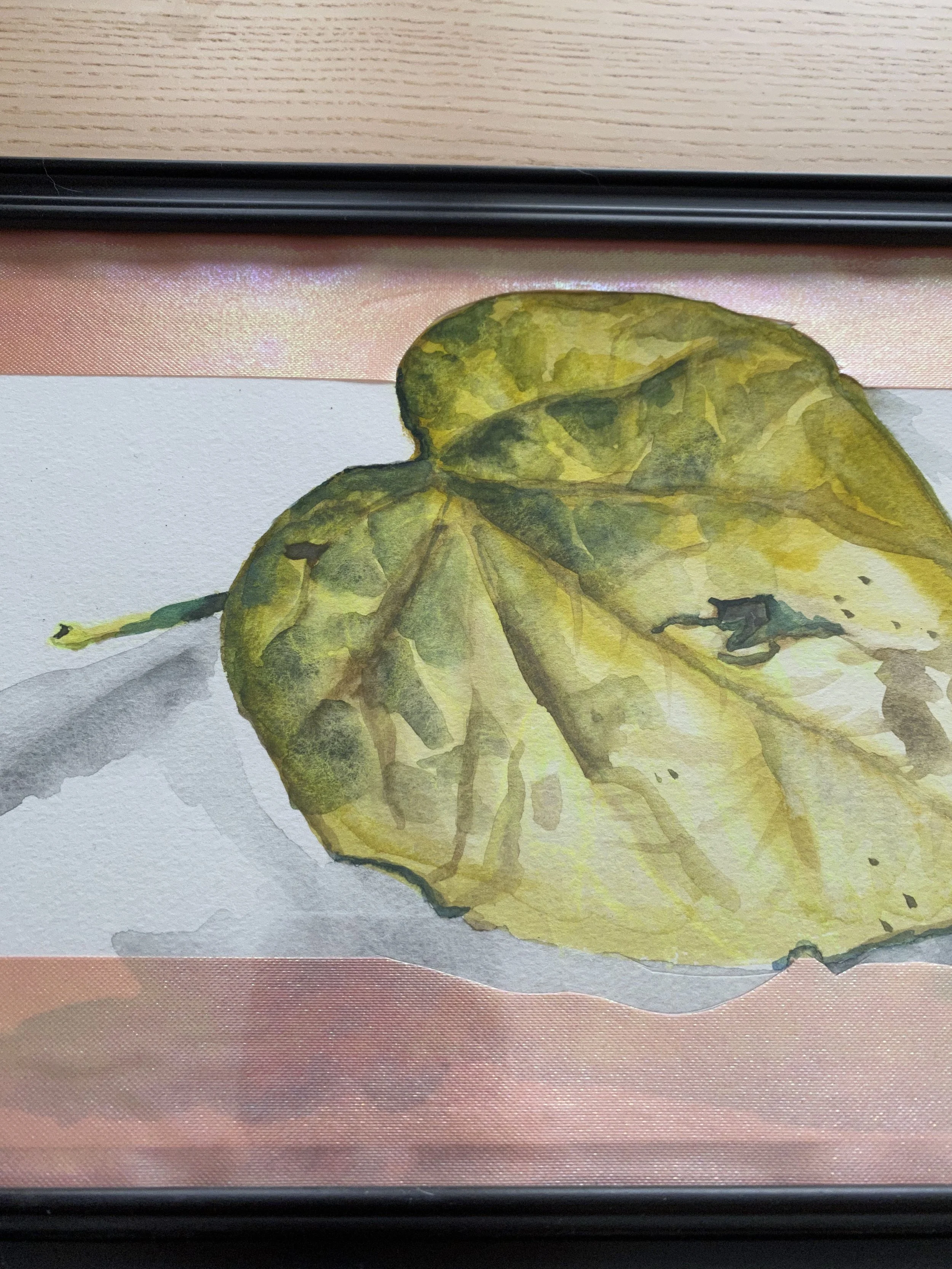Leaf detail, lime green, sparkly green and brown shades of watercolor