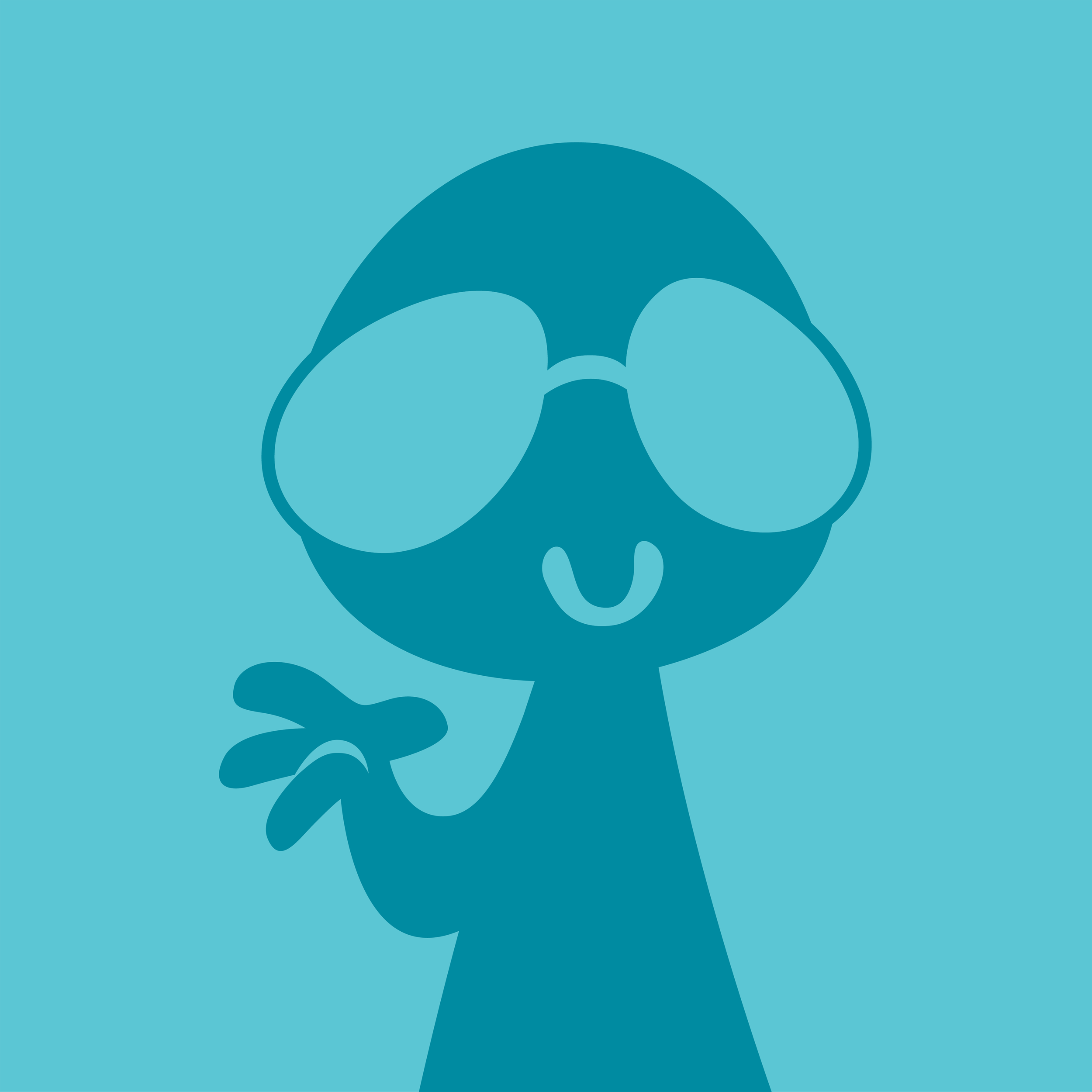 Cartoon character with large sunglasses and a big smile, making a peace sign with hand.