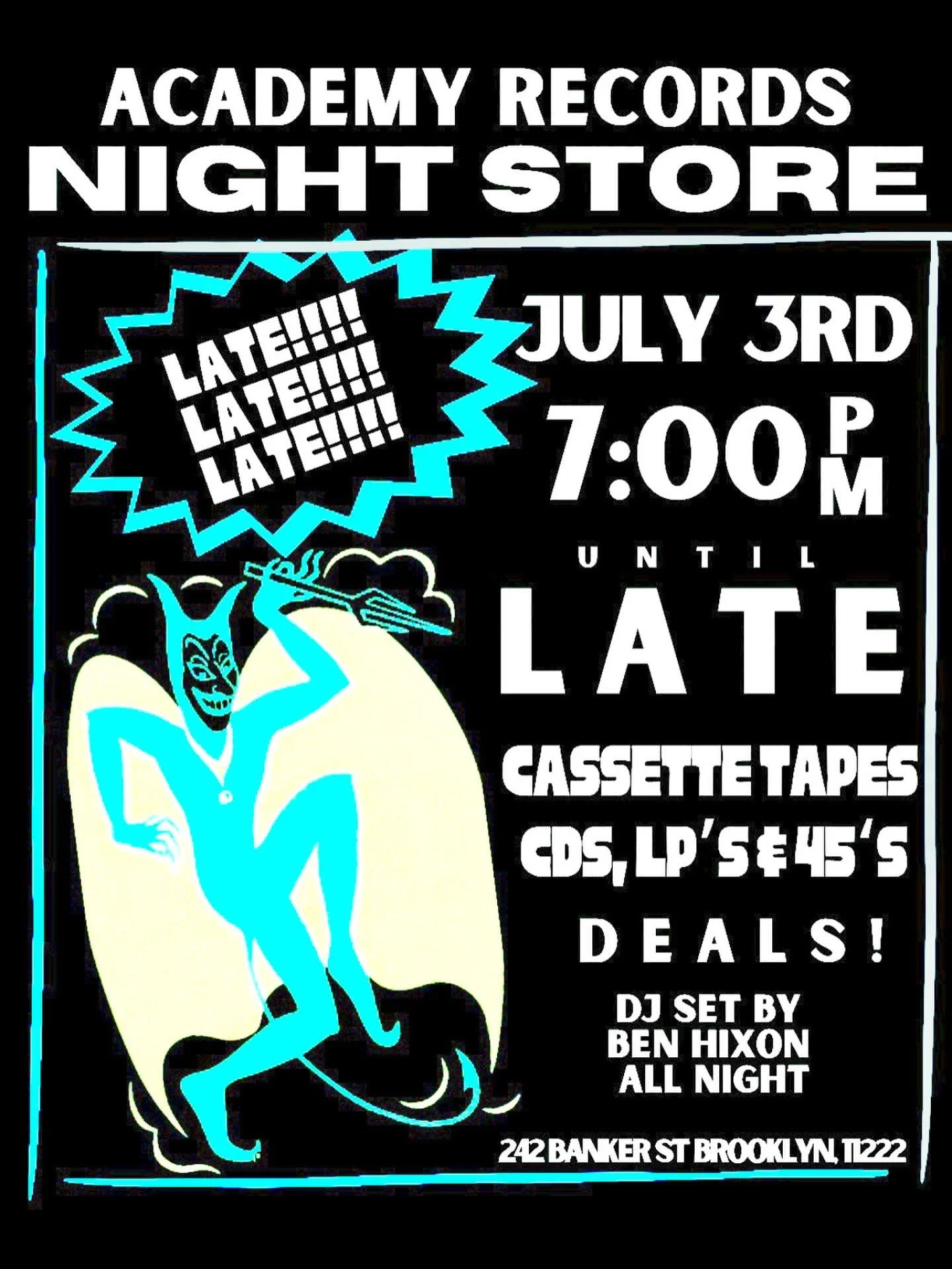 NIGHT STORE VOLUME 3
THURS JULY 3rd
The lights will be low !
100s of $1 cassettes - bulk deals !!
10 boxes of $5 VGish classics !!!
@benhixon DJs all night !
Free cold refreshments for you and your loved ones - it&rsquo;s a party baby