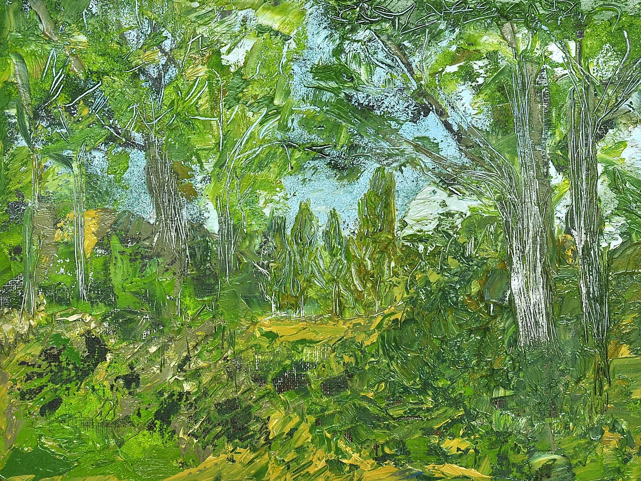 The Forest, an oil painting of dense green woodland, pale tree trunks and layered vegetation rendered with energetic brushwork.