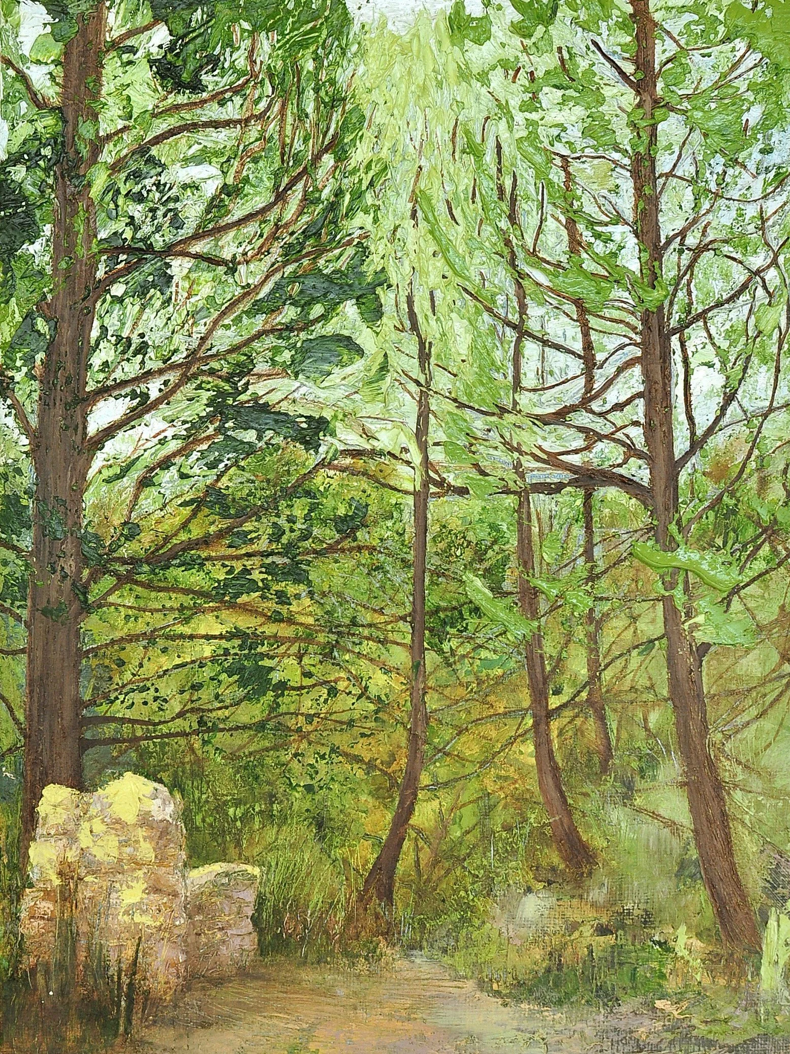 Towards the Barranca, an oil painting of a narrow woodland path passing stone forms and slender trees through dense green vegetation.