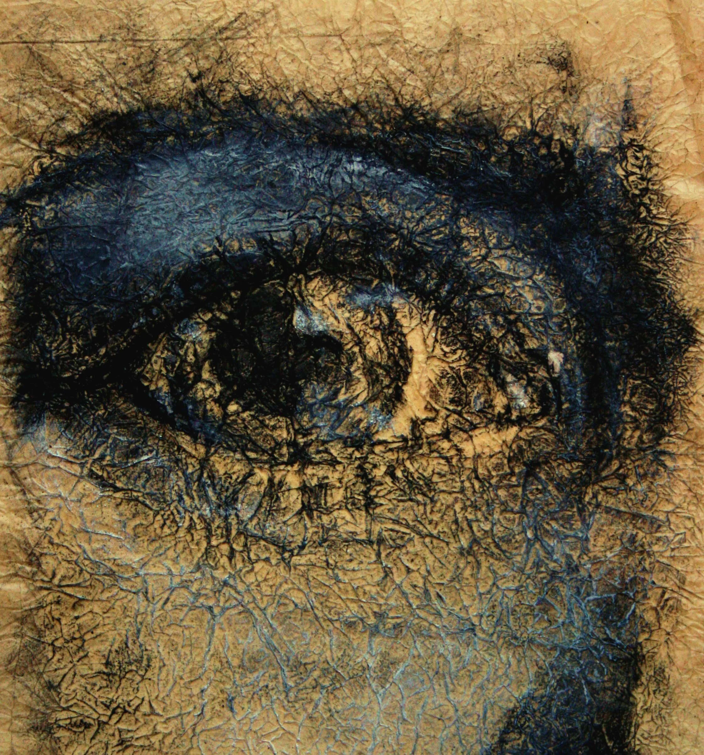 Close-up mixed-media drawing of a human eye surrounded by dense black, blue and ochre textured marks.