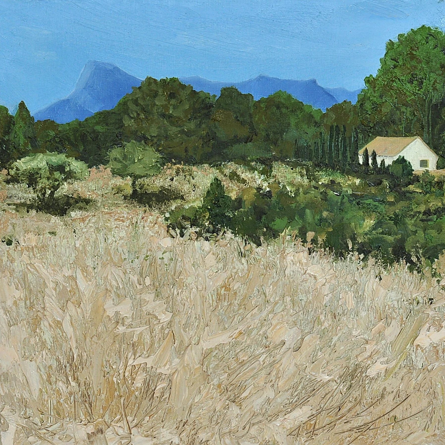 Casa Teixo, an oil painting of dense green woodland, a small pale house and blue Catalonian mountains beneath a clear sky.