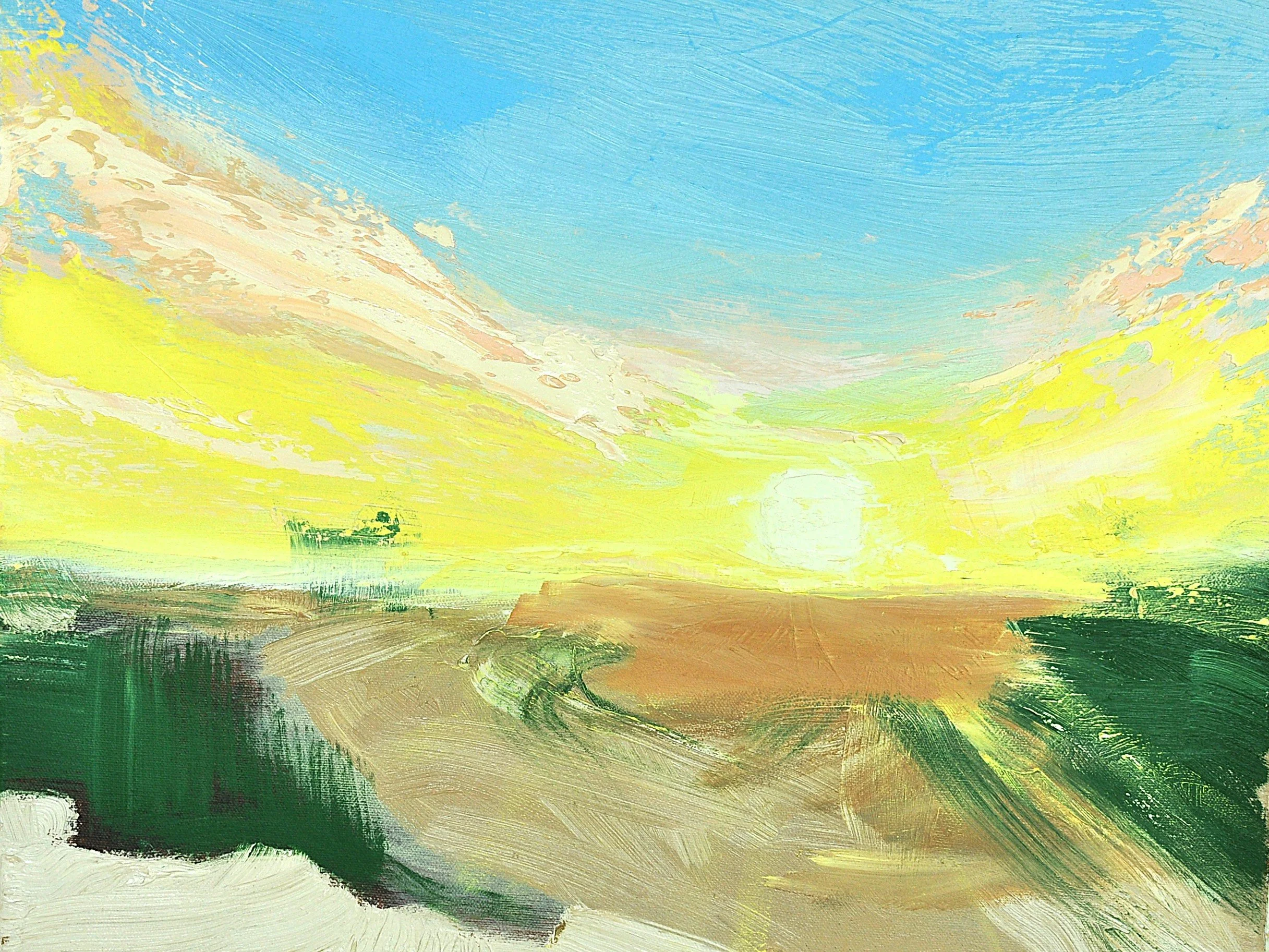 Paseo 5, an oil painting of a brilliant low sun illuminating a yellow sky above open fields and dark green vegetation.