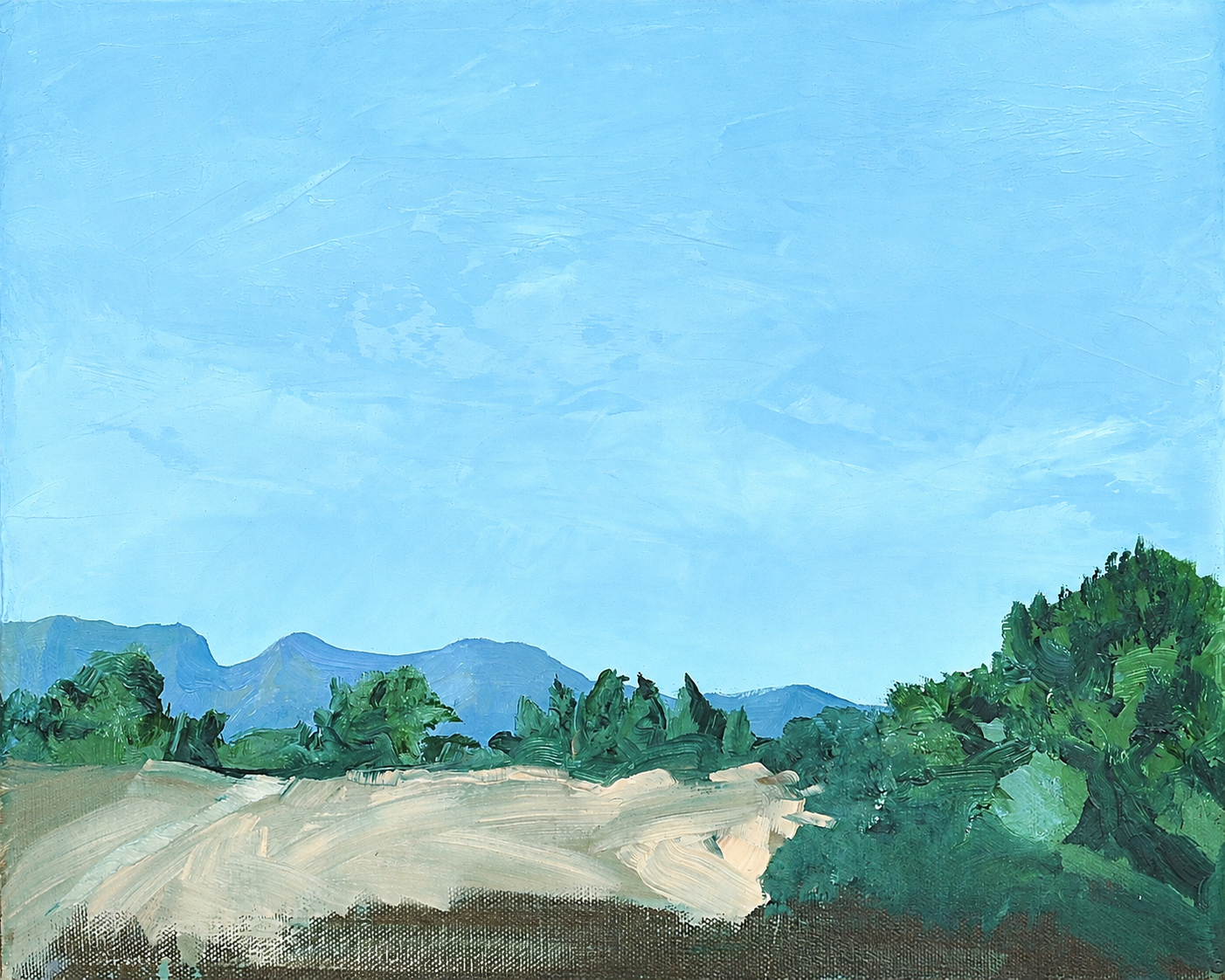 Paseo 3, an oil painting of a pale winding track bordered by green woodland, with blue Catalonian mountains beneath an expansive sky.