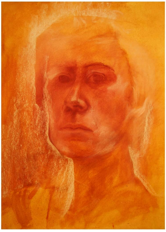 Orange and red self-portrait drawing of the artist facing forward, with pale gestural marks framing her head and shoulders.