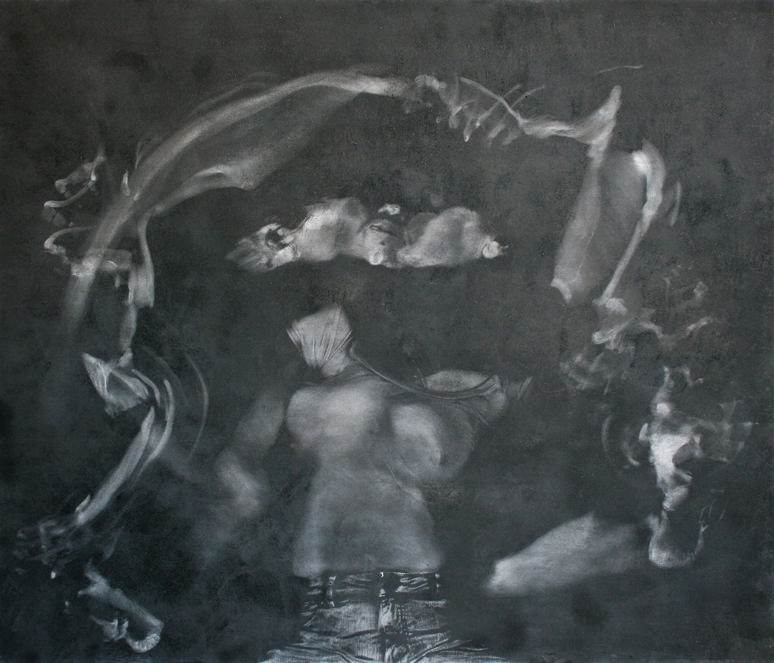 Layered charcoal bodyprint centred on a figure’s bare back, surrounded by overlapping impressions of arms, hands and movement.