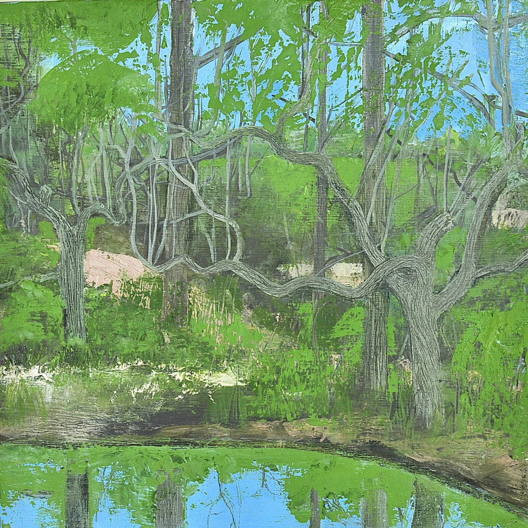 The Pond at the Bottom, an oil painting of dense green woodland and a curving tree reflected in still water with patches of blue sky.
