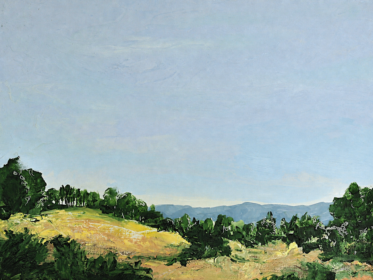 Paseo 4, an oil painting of a golden hillside bordered by dark green trees, with a blue mountain range beneath a pale sky.