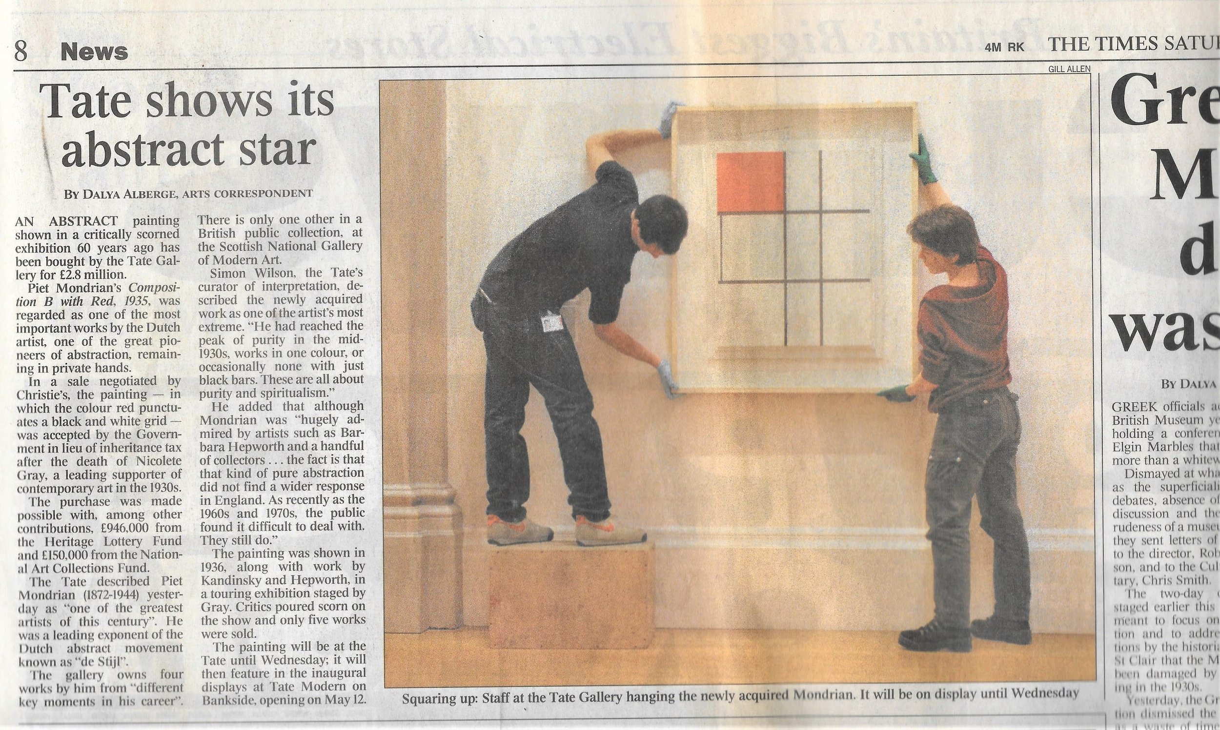 The Times newspaper cutting showing Tate Gallery art handlers installing Piet Mondrian’s Composition B with Red.