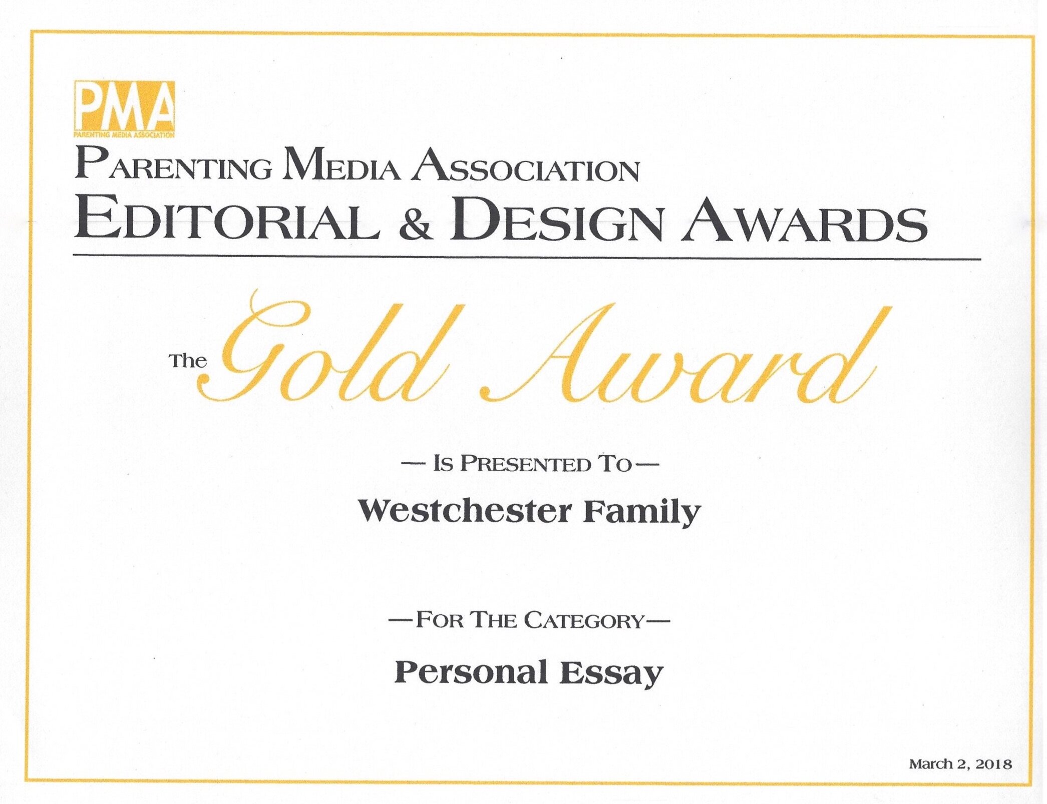 Gold Award 2018, Personal Essay Category