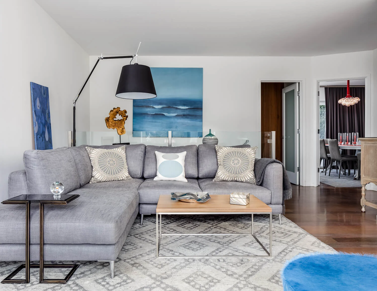 Living Room Blue White Modern Jennifer Gustafson SF Bay Designer