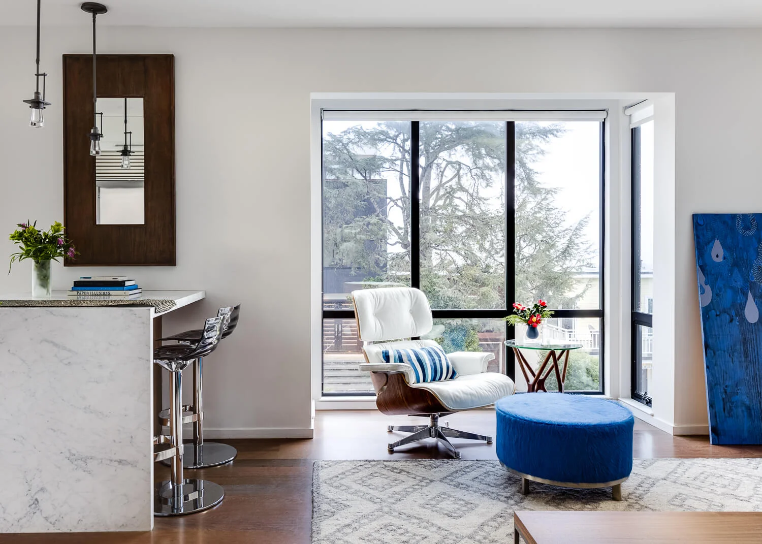 Living Room Blue White Modern Jennifer Gustafson SF Bay Designer