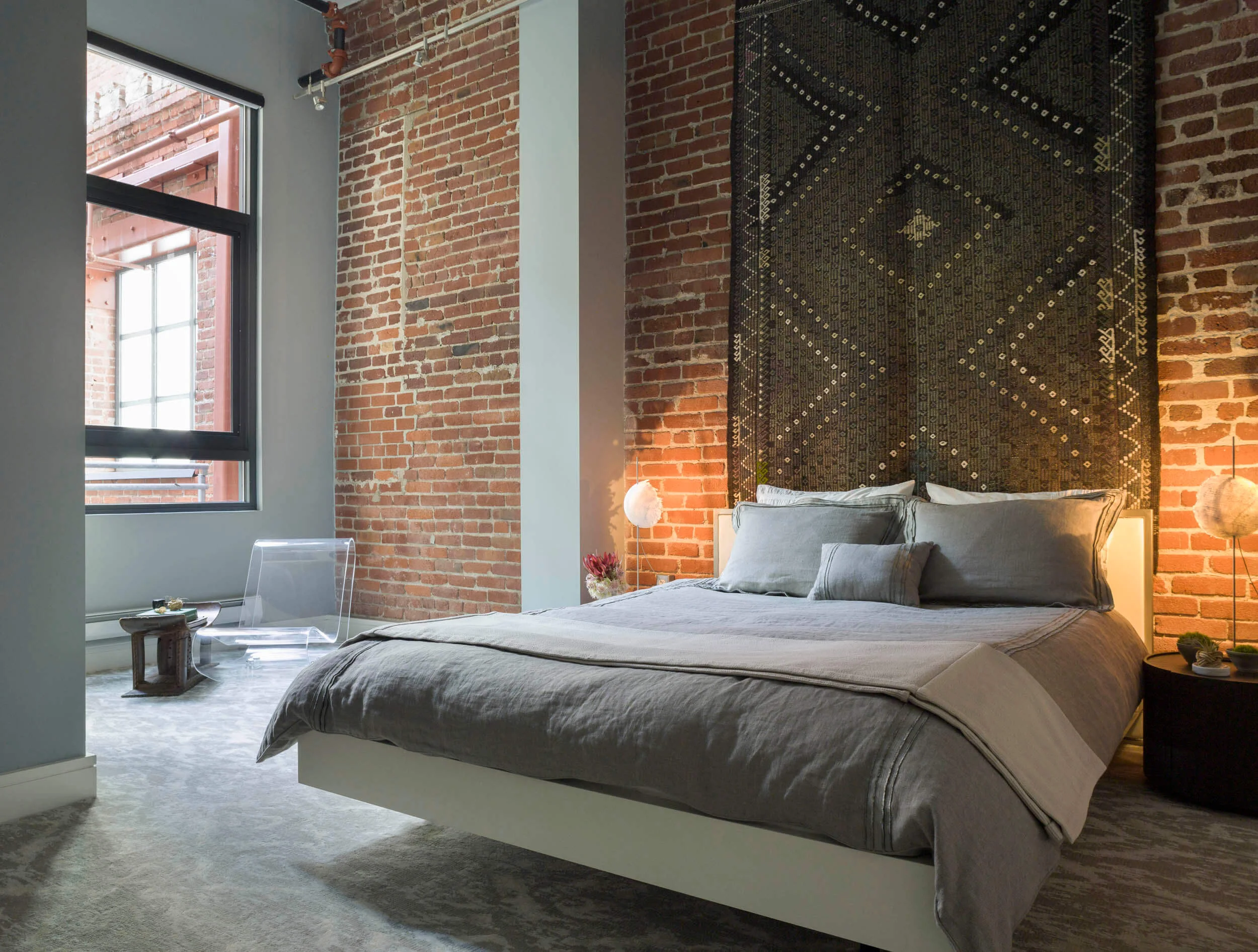 Bedroom Gray White Modern Loft Jennifer Gustafson SF Bay Designer