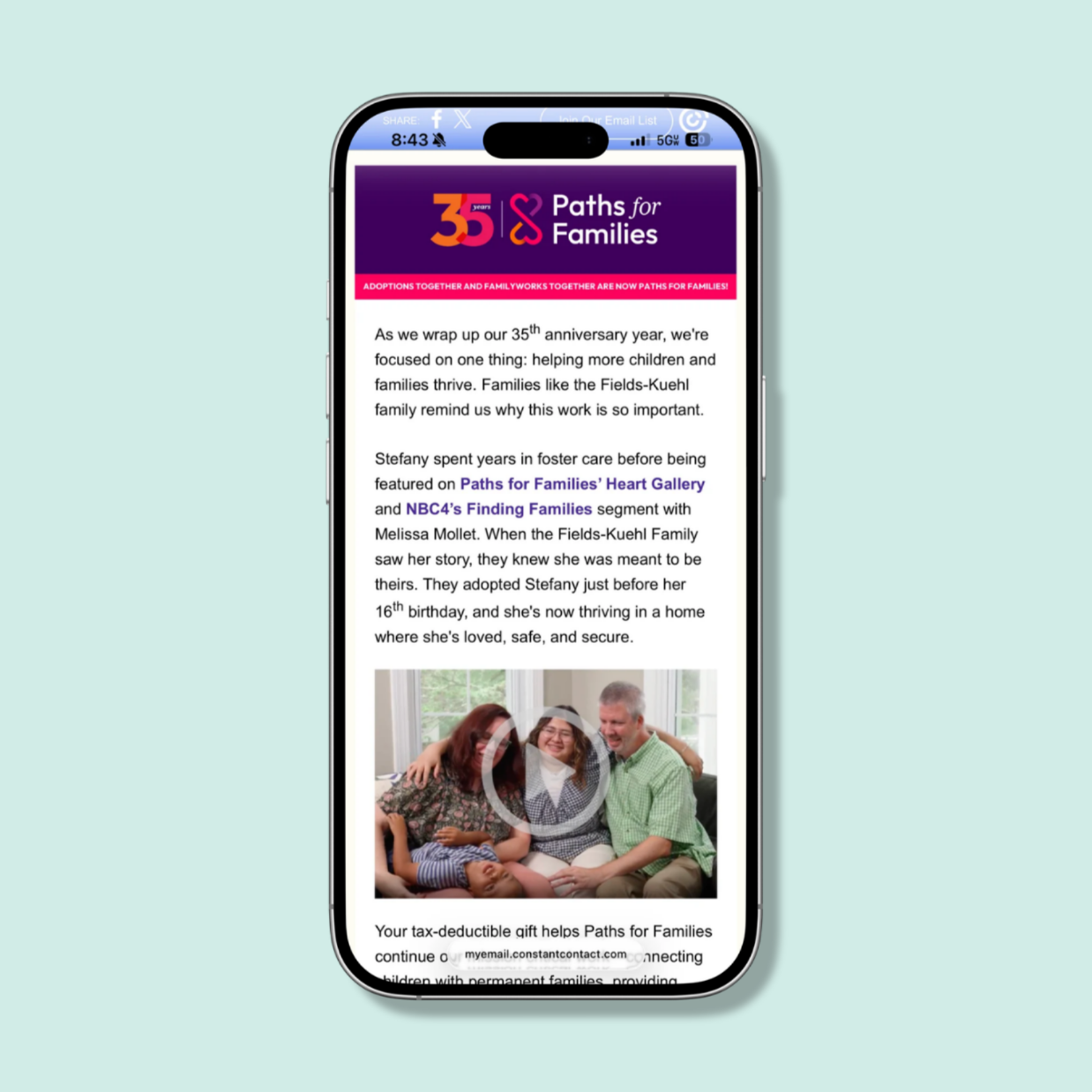 A phone displays an email from Paths for Families