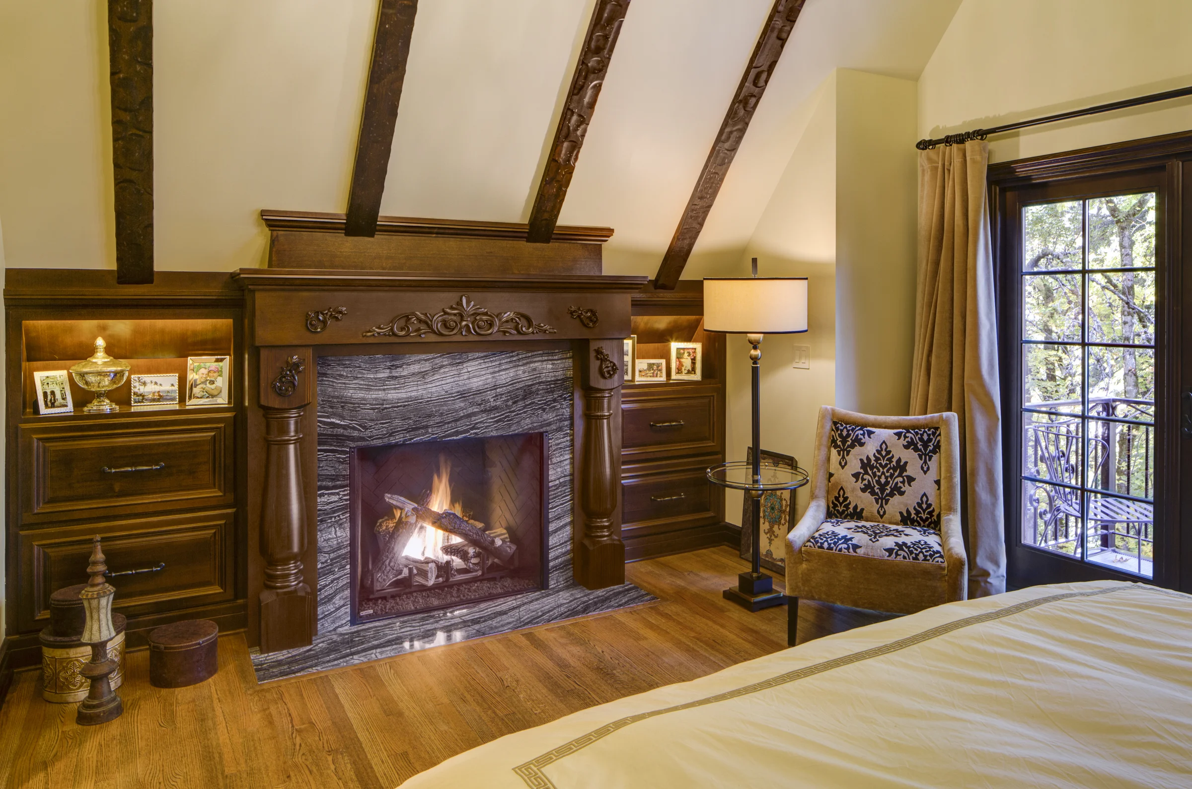 Large Master Suite with Vaulted Ceilings, Stained Mahogany Casework, & Hand Hewn Timbers