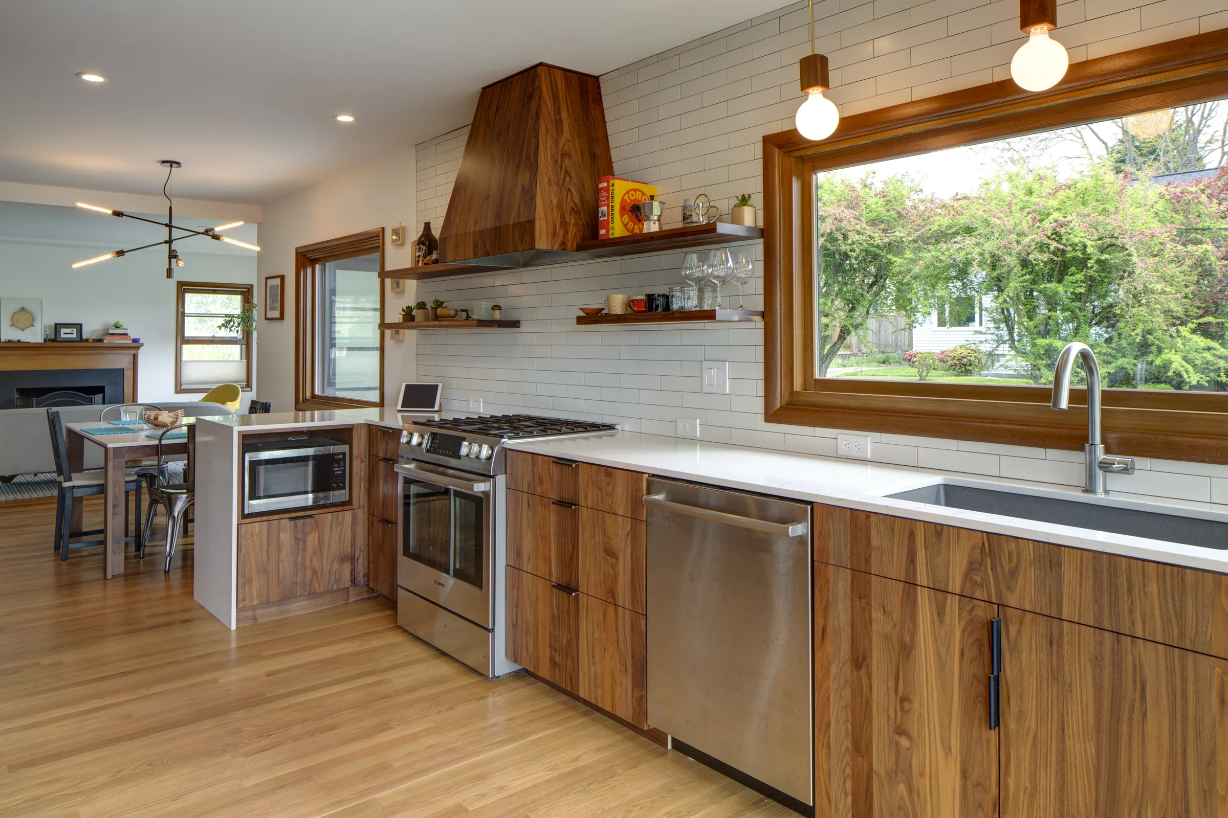 Solid Walnut Cabinets and Custom Light Fixtures