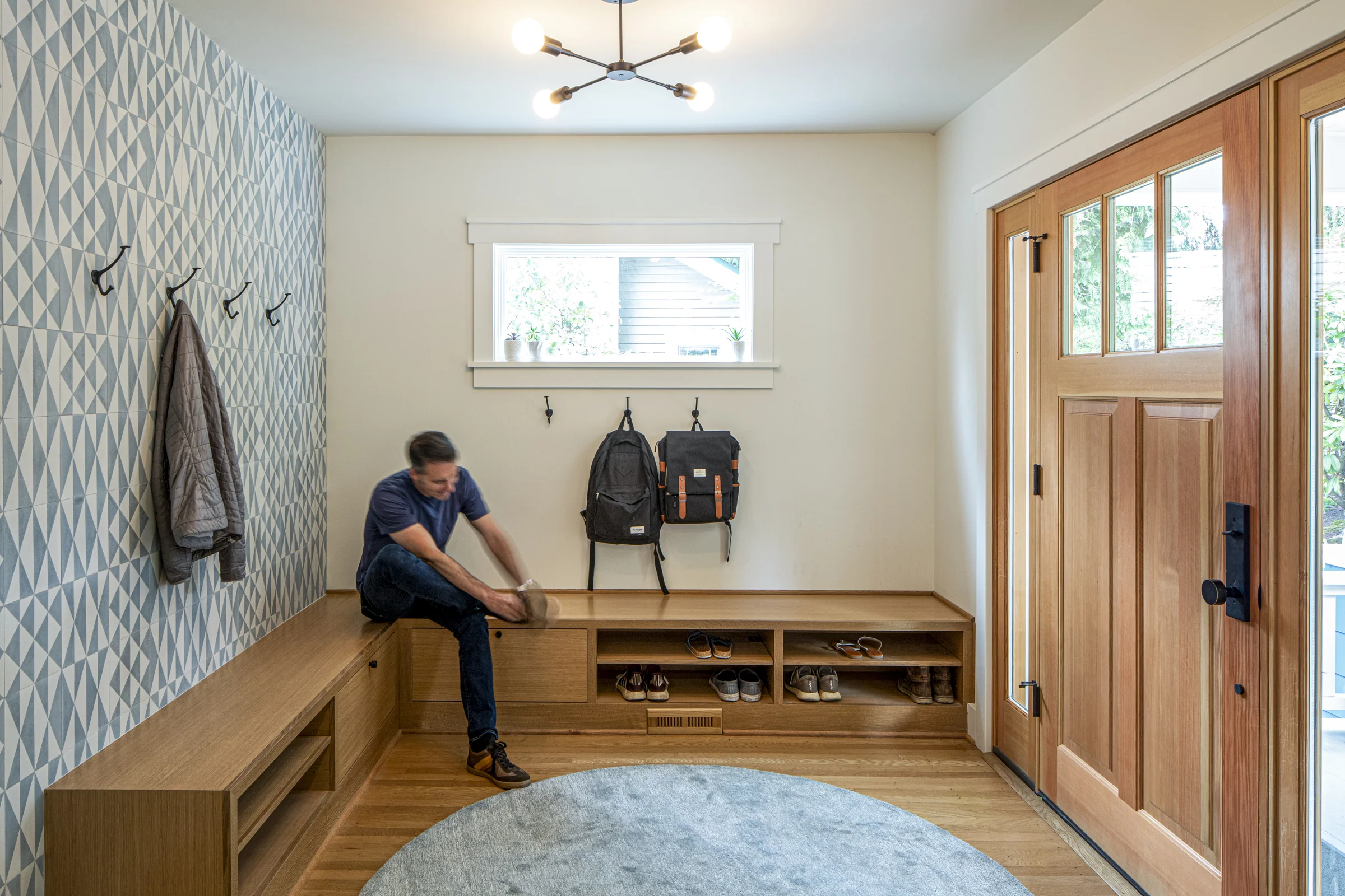 New Entry Foyer with Bench, Shoe Storage, and Coat Hooks