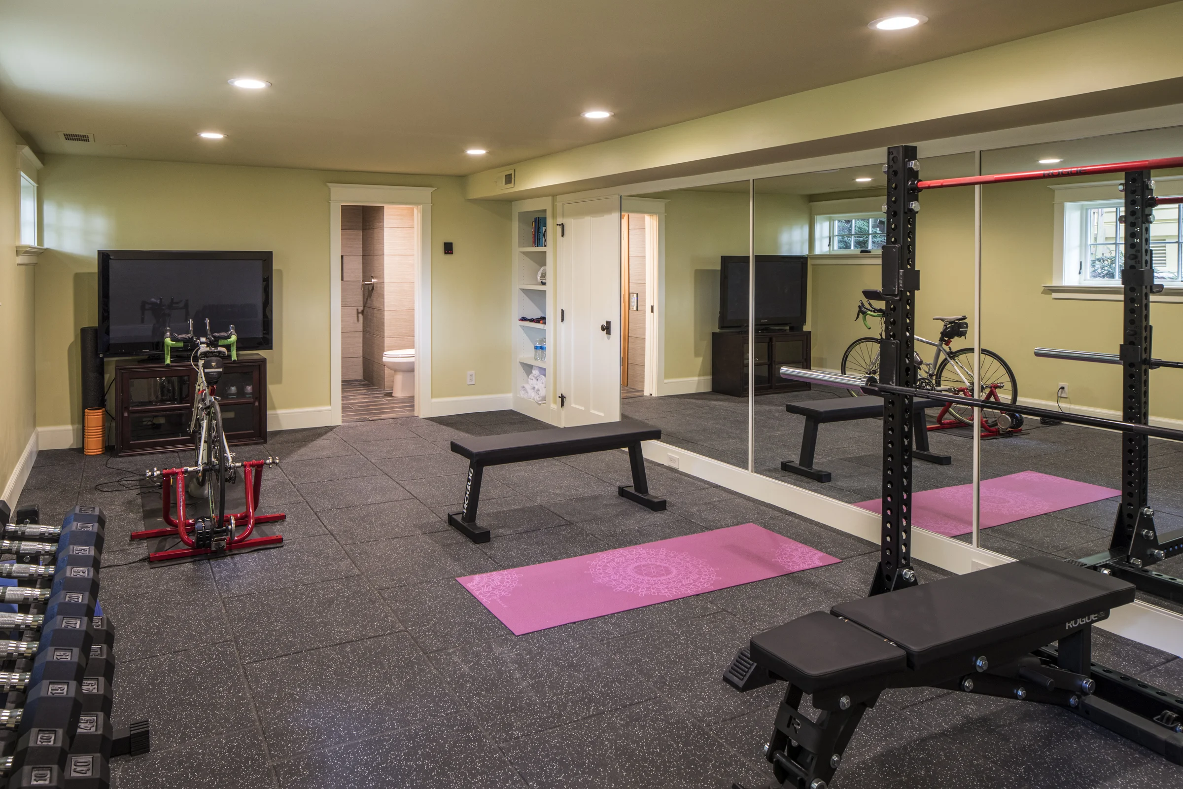 Basement Home Gym with Wall of Mirrors