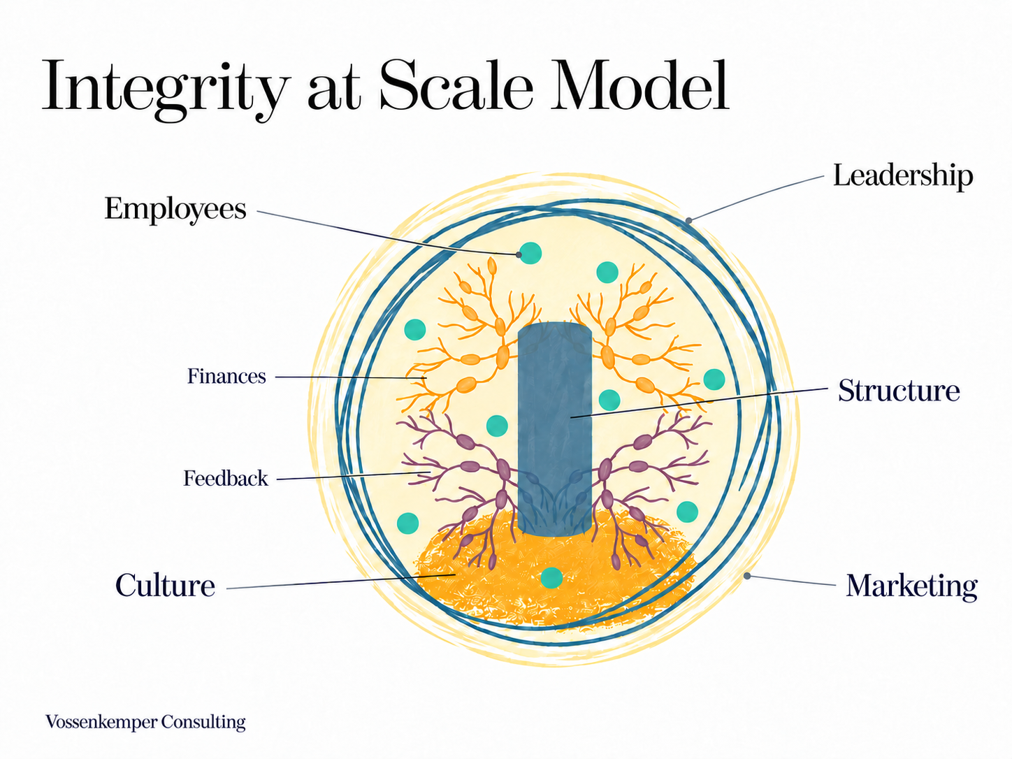 Integrity at Scale™ Model, showing five connected components with Finances and Feedback within Structure.