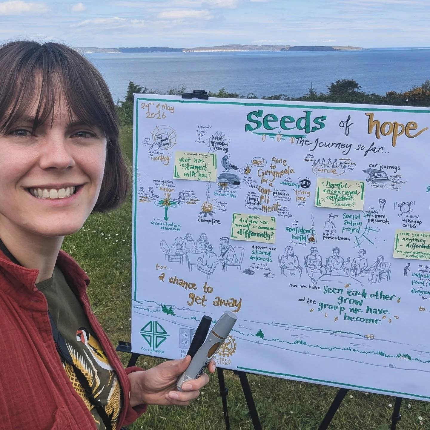 Gorgeous weather has finally come to us in Ireland! Last Saturday was a great day for some graphic recording in one of my favourite places, @corrymeela.community with beautiful Rathlin Island crisp and clear on the horizon standing model for some lan