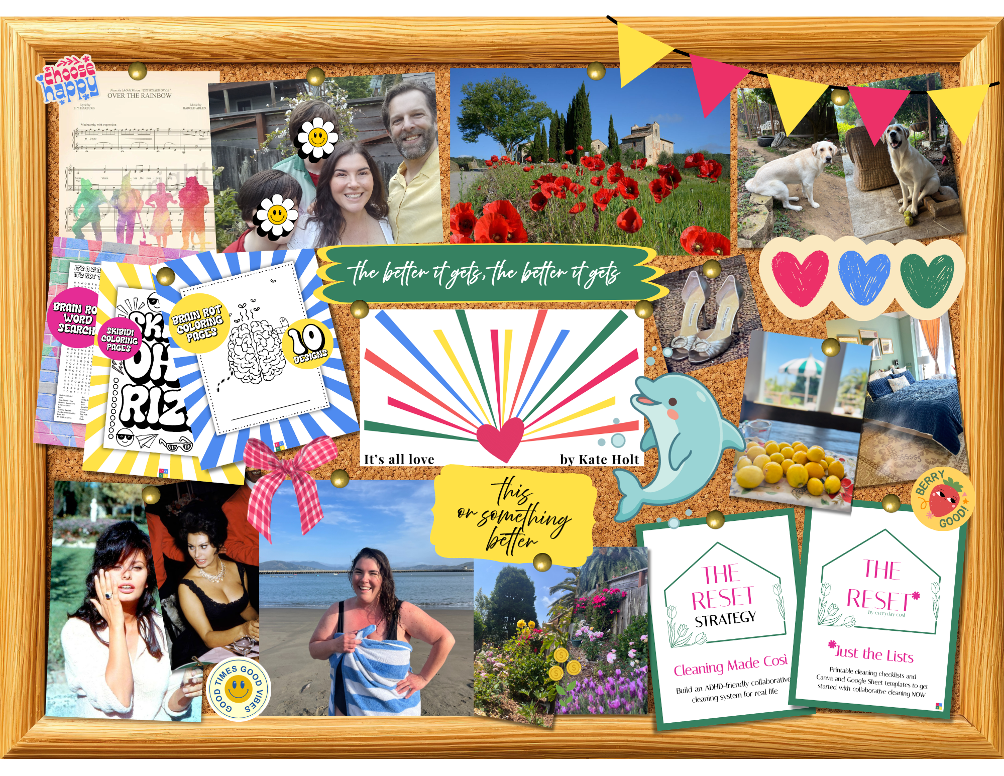 A bulletin board full of kate's life and interestst - bay swimming, her dog, her family, gardening, travel, old hollywood glamour
